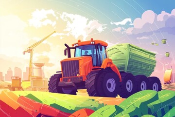 Obraz premium Orange tractor with green trailer harvesting colorful crops near cityscape and construction cranes.