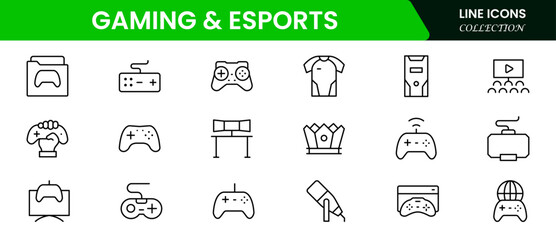 Gaming and esports line icons related to video games, gaming, technology, gadgets, and sports. Vector illustration.
