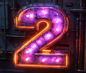 Futuristic neon number 2 with industrial metal framing glowing purple and orange cyberpunk style photorealistic high contrast lighting symmetrical