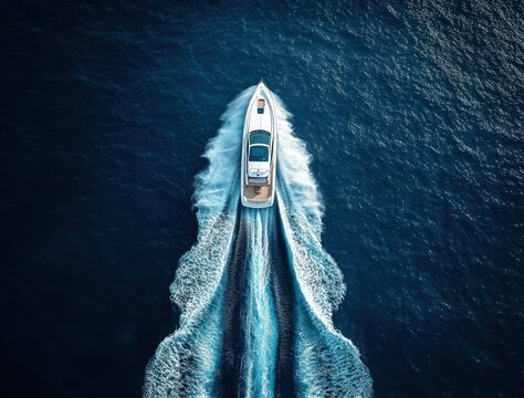 Minimalist aerial view of speedboat cutting through deep blue ocean with symmetrical white water trails