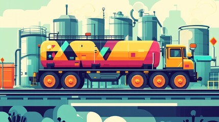 Tanker truck transporting liquid cargo at industrial plant.