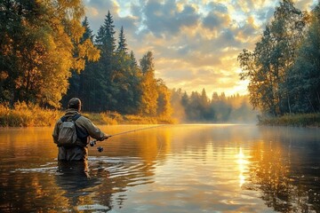 Fisherman fly fishing in river at golden hour surrounded by forest