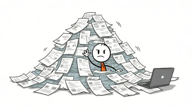 Stick figure buried under a huge pile of documents showing workplace stress and burnout