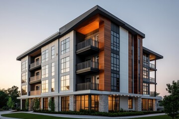 Exterior view of a modern apartment building with balconies at sunset