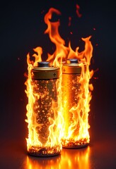 Lithium batteries on fire on dark background, Concept Lithium Battery Hazards, Explosion Risks, Thermal Runaway, Fire Safety, Burn Prevention