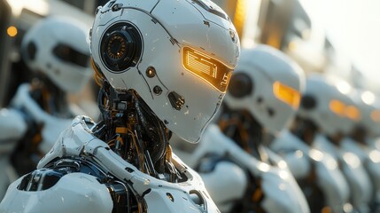 Fototapeta premium Futuristic white robots in a lined formation.