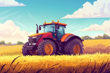 Obraz premium Powerful tractor in a golden wheat field under a sunny sky.