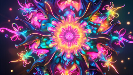 A trippy, colorful mandala made with neon hues and glowing fractal shapes, giving a vibrant, energetic feel. Perfect for music events, festival art, and digital backgrounds.