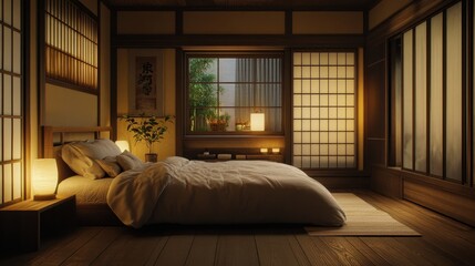 Obraz premium Tranquil japanese bedroom illuminated with soft ambient lighting inside