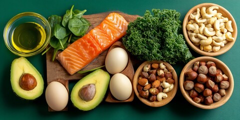 Variety of healthy foods, including fish, avocado, eggs, leafy greens, and nuts