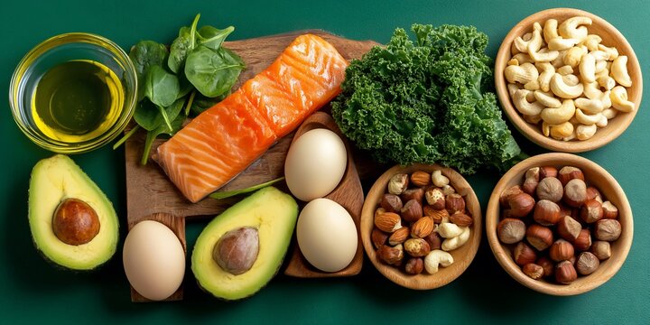 Variety of healthy foods, including fish, avocado, eggs, leafy greens, and nuts