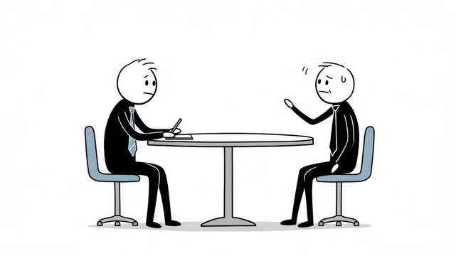 Stick figure-style cartoon showing a job interview between candidate and recruiter at a desk