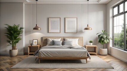 Modern Bedroom Minimalist Interior With Two Framed Blank Photo Frame