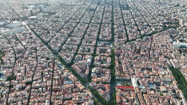 Aerial photo of Eixample neighborhood's perfect grid and modernist blocks