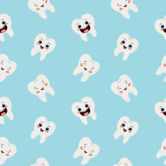 Teeth seamless pattern, character cute funny teeth with faces. Oral hygiene, children oral care and dental health concept. Flat vector illustration.