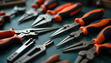 Fototapeta premium Comprehensive Array of Precision-Engineered Hand Tools for Detailed Assembly and Artistic Crafting in Professional Workspaces - Photo Stock Concept with Left Space