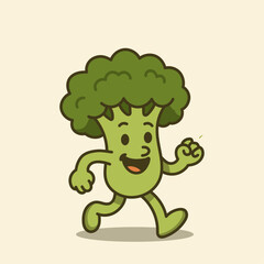 Cute running broccoli cartoon character illustration with happy face and energy