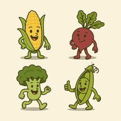 Set of cute vegetable characters with happy expressions and poses