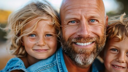 Joyful father enjoying playtime with children in park, cherishing moments of togetherness