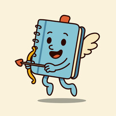 Cute blue notebook Cupid cartoon illustration with wings, bow, and heart arrow