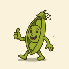 Cute cartoon pea pod character illustration giving thumbs up and smiling