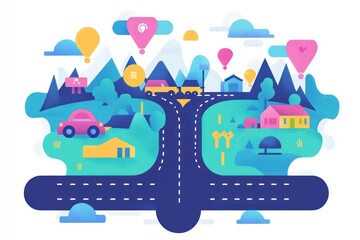 Colorful illustration of a road splitting into two directions, passing through a landscape with houses, mountains, and hot air balloons.