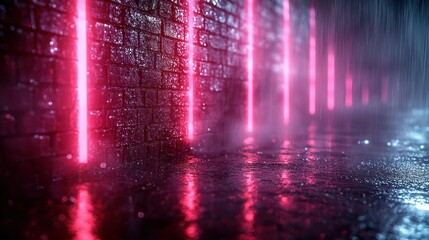 Neon-lit alleyway, rain-slicked, brick walls
