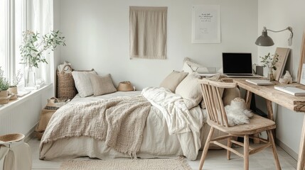 Cozy and bright bedroom and workspace featuring natural elements