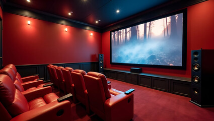 Creative Families Designing Home Movie Theaters: State-of-the-Art Sound Systems & Custom Seating for Premium Entertainment Experience - Photo Stock Concept