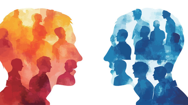 The work depicts two people in profile, facing each other, in stylized watercolor. Each head is painted in contrasting tones: one warm (orange and red), the other cool (blue).