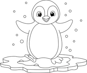 Cute cartoon penguin standing on ice with falling snow – black and white outline vector illustration for kids coloring book, winter and Arctic animal theme