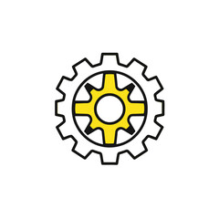 A yellow gear icon logo thick black outline, centered on a white background.  The style is flat vector, geometric, minimal, focusing on symmetry and balance