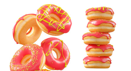 Donuts with red fruit glaze, sprinkles, white drizzle, and dots isolated on white transparent background. 3d rendering and illustration of dessert variety