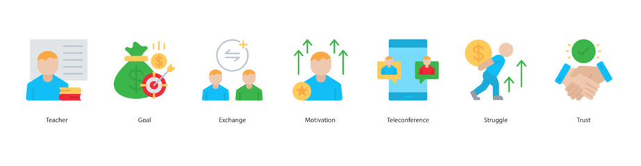 Mentoring Process icon sheet vector teacher, goal, exchange, motivation, teleconference, struggle, trust
