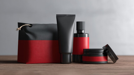 Elegant black and red skincare packaging set on wooden surface