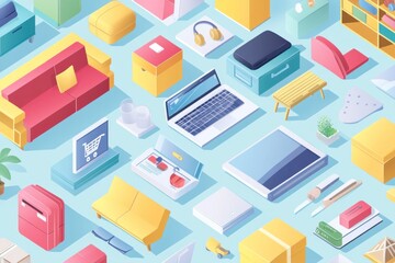 Obraz premium Isometric illustration of various household items and electronics for online shopping.