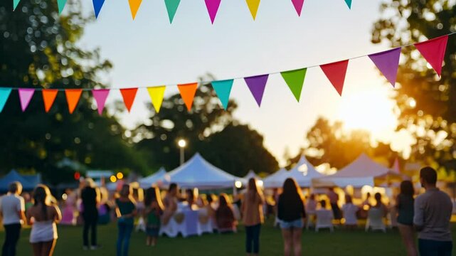 Outdoor festival celebration with colorful flags and sunset gathering