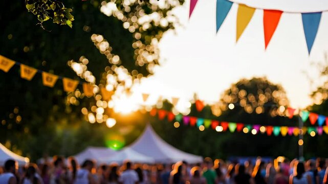Outdoor summer festival with colorful bunting and sunlight