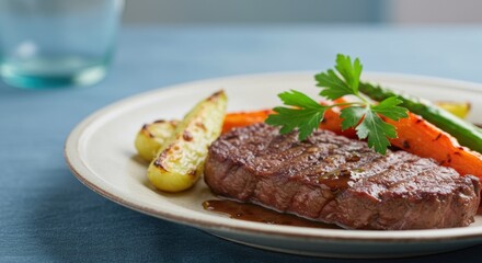 Grilled Steak with Roasted Vegetables on a Plate
