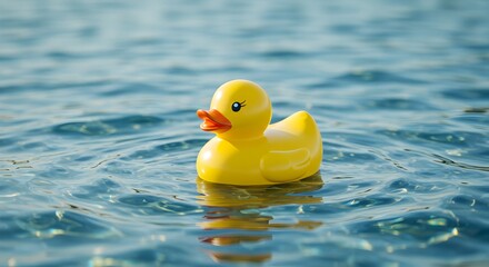 Tranquil scene of a vibrant yellow rubber duck peacefully floating on rippling water