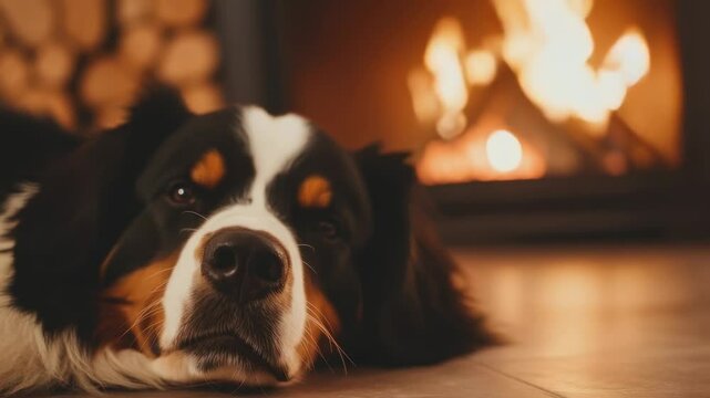 Cozy winter fireplace with relaxed bernese mountain dog resting indoors