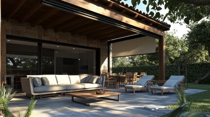 Comfortable outdoor lounge on a tiled patio with roller blinds installed discreetly under the roofline