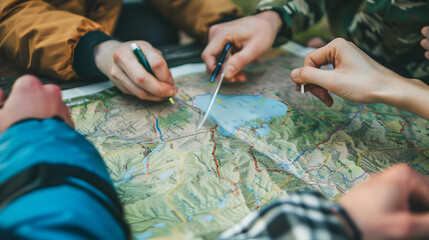 Group of people planning a route on a topographic map with pens and a ruler in an outdoor setting