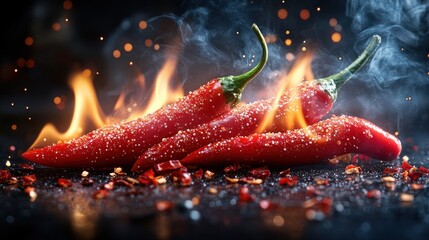Fiery Chili Peppers ablaze in a dramatic culinary still life photography. This image captures the essence of spice and heat, perfect for food blogs, restaurants, or culinary magazines.