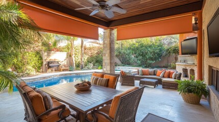 Outdoor sitting area with roller blinds hidden in roof overhang, emphasizing seamless patio shading