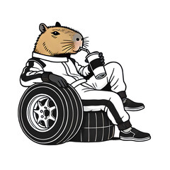 Capybara als entspannter Rennfahrer – Pause im Reifen