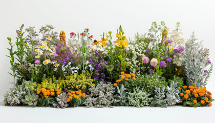 Vibrant Wildflower Garden Featuring Diverse Colors and Textures on White