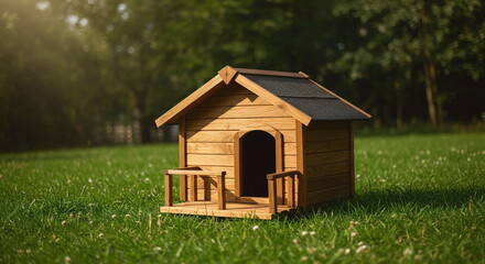 Obraz na płótnie Canvas Charming wooden doghouse nestled in a lush green garden, perfect for a beloved pet