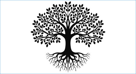 Obraz premium Silhouette Vector Tree With Roots And Leaves Isolated On White