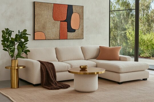 Modern beige sectional with abstract art - Powered by Adobe